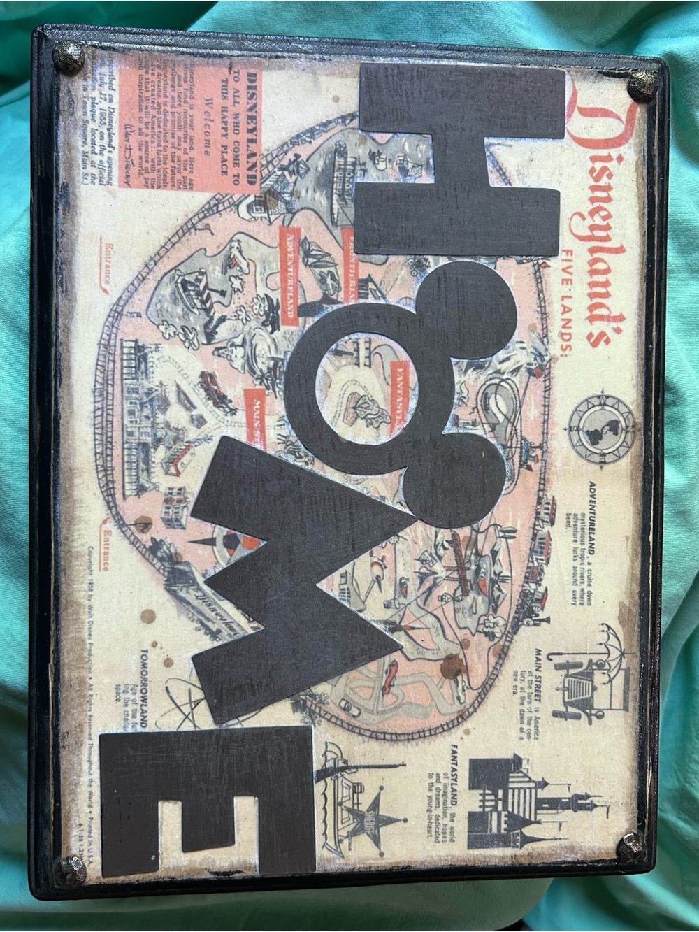 Disneyland Map Wall Art - Vintage Map with Black 'HOME' Overlay- handmade